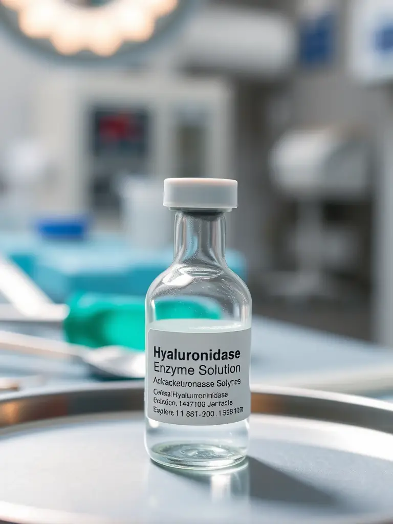 A vial of Hyaluronidase Enzyme Solution, clearly labeled and placed on a sterile tray, with a background of medical instruments and a blurred aesthetic clinic setting.