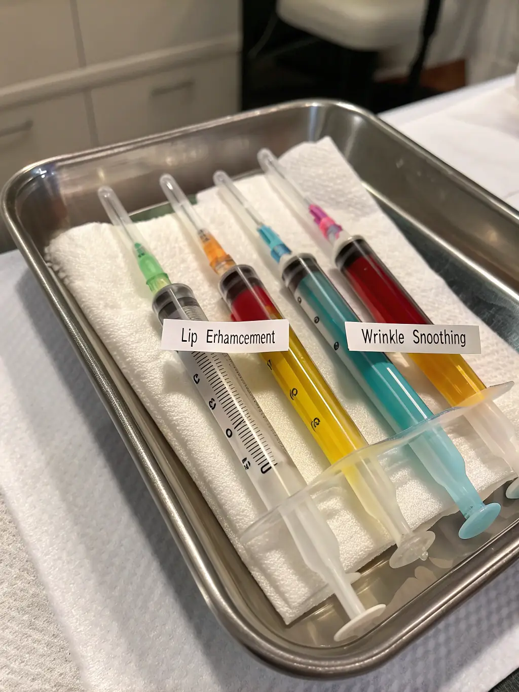 A sterile syringe of Stylage Hyaluronic Acid Filler, emphasizing its clear gel and professional packaging, placed on a clean, clinical surface with soft lighting.
